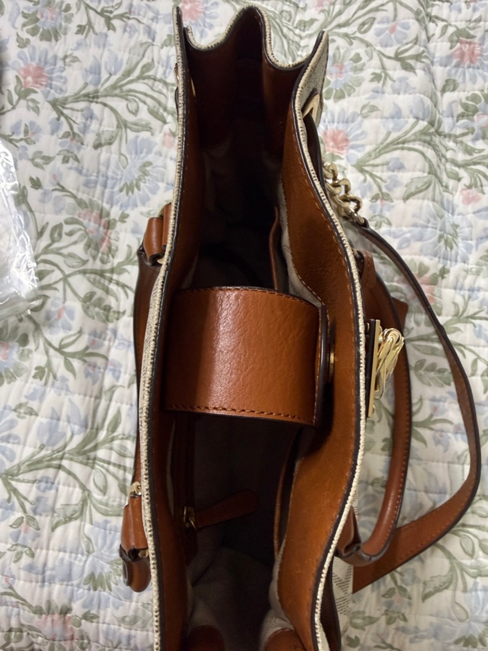 Michael Kors Beige & Brown MK Logo Satchel with Gold Hardware - Picture 11 of 12